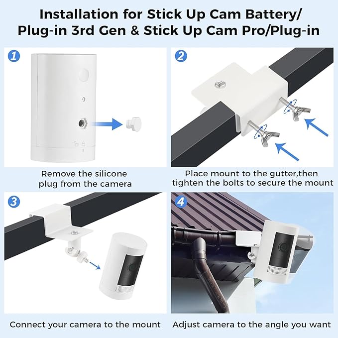 2Pack Adjustable Gutter Mount for Stick Up Cam/Spotlight Cam/Outdoor Cam Plus, Waterproof No Drill Mounting Bracket with Perfect View Angle