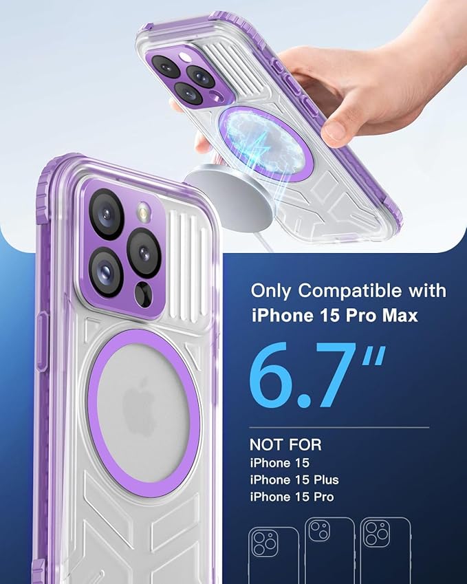 for iPhone 15 Pro Max Waterproof Case with Magsafe, Built-in [Camera & Screen Protector] [Lanyard], IP68 Water Proof Full Body Dustproof Heavy Duty Frosted Protective Phone Cover, 6.7" Purple