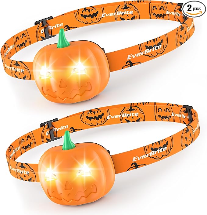 EverBrite Halloween Pumpkin Headlamps 2 Pack, 2 Modes LED Head Lamps Adjustable Headband, Pumpkin Lights for Halloween Party and Decorations, Orange Spot & Strobe Lights Halloween Gifts