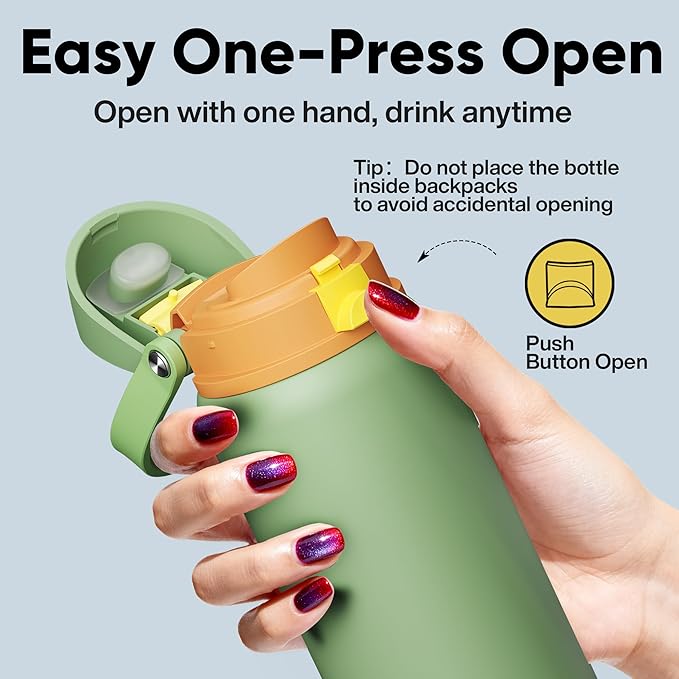 Insulated Water Bottle with Straw - Encool Stainless Steel Water Bottle with Push Button Lid, Leak-Proof & BPA-Free, Keeps Cold for 24 Hours for Sports, Travel, Gym (32 oz, Lichen-Yellow)