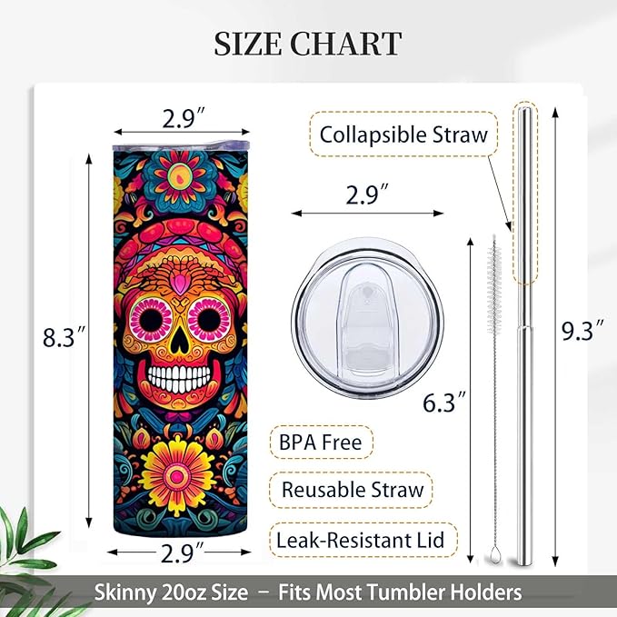 Firmiso 20 oz Tumbler｜Skinny Insulated Travel Mug｜Sugar Skull Floral Stainless Steel Cup with Leak Proof Lid and Telescopic Straw｜Colorful Gothic Boho Drinkware｜Gift Idea for Women Men