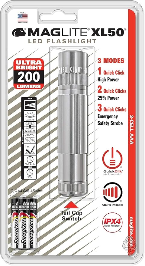MagLite XL50 LED Flashlight, Compact and Powerful with Multi-Mode Functionality, Water-Resistant, 3-Cell AAA Battery-Powered – Silver