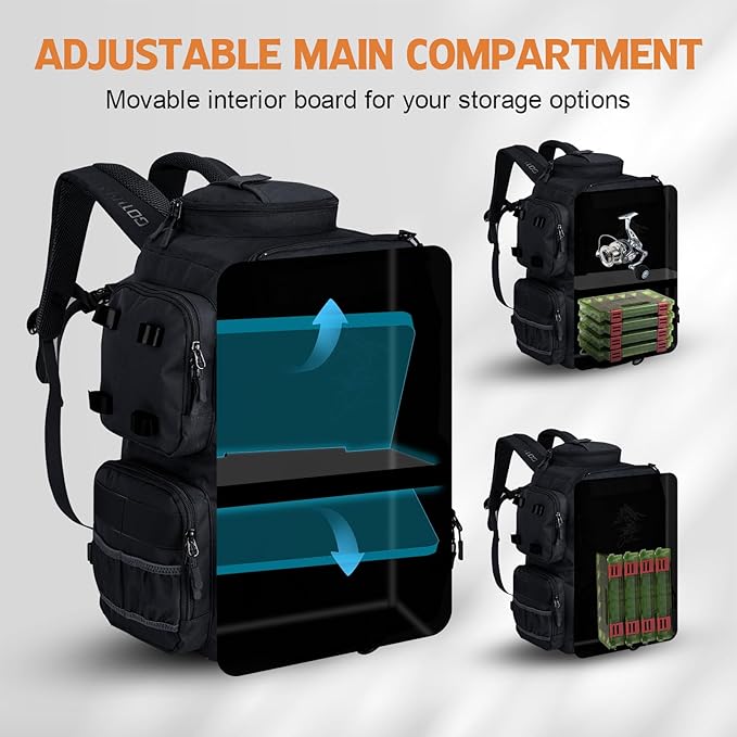 Goture Fishing Backpack, 58L 900D Water-Resistant Insulated Tackle Backpack with Cooler, Rod Holders, 8 Lure Pockets, Detachable Crossbody Bag, Gear Storage Large Fishing Bag for Camping Hiking