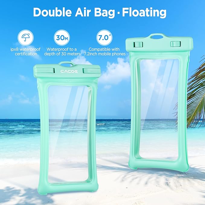 CACOE [Floatable] Floating Universal IPX8 Waterproof Phone case 2 Pack-Up to 7.0",Adjustable Lanyard Phone Pouch,Cellphone Dry Bags for Vacation Beach Pool Kayak Cruise Travel Essentials（Black+Green）