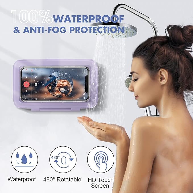 LC-dolida Shower Phone Holder Waterproof 480 Rotation Phone Stand Case Mount for Bathroom Batheub Kitchen Wall Mirro Compatible with iPhone 17 16 15 14 13 Plus Pro Max XS XR Women Men Gift