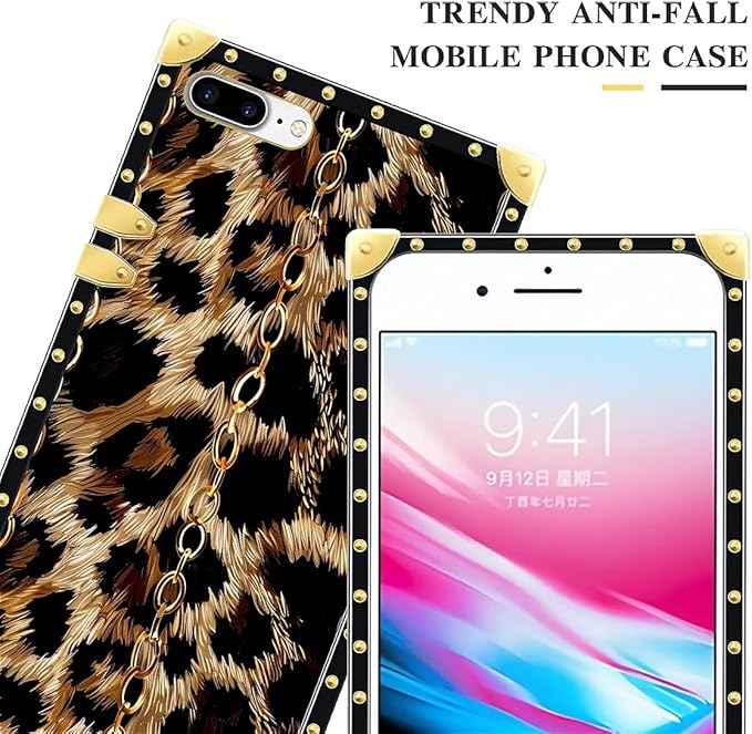 Compatible with iPhone 8 7 SE Case, Seamless Gold Chain Leopard Luxury Golden Decoration for Girl Women Soft TPU Shockproof Protective Hard PC Back for iPhone 8 7 SE