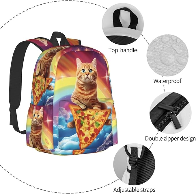 cfpolar 17 Inch Backpack Funny Pizza Cat Rainbow Laptop Bag Shoulder Bag School Bookbag Casual Daypack For Boys Girls
