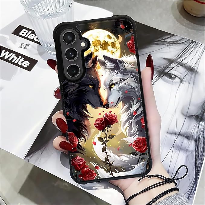 for Samsung Galaxy S23 FE Case, Black White Wolf Moon Flower Rose Pattern Graphic Design Girl Boy Soft Silicone Hard Acrylic Shock Protection for Samsung Galaxy S23 FE