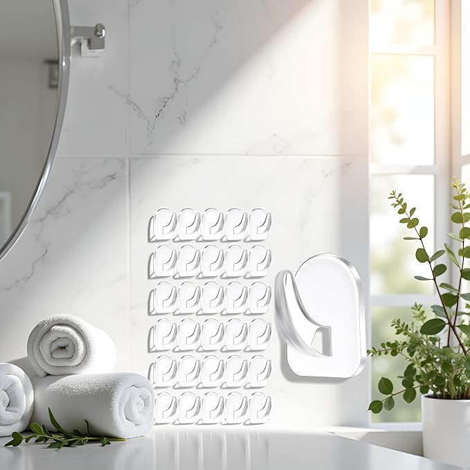20 Pcs Clear Adhesive Wall Hooks for Hanging, Small Plastic Sticky Hooks, Transparent Acrylic Sticky Hangers for Walls, Temporary Wall for Bathroom, Kitchen Home Storage Utility