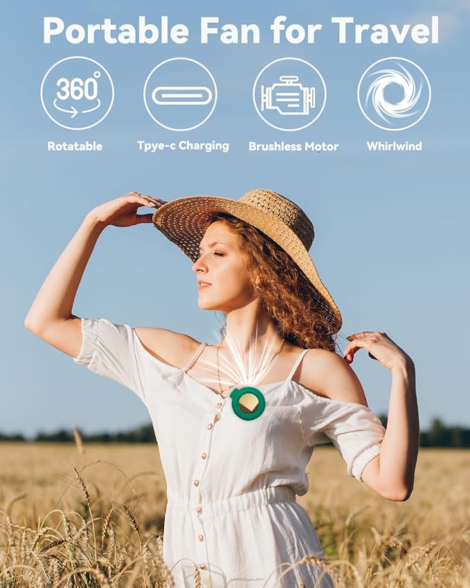 Portable Silent Mini Bladeless Electric Fan, Mini Whirlwind Fan for Waist Clip Fan, 3 Speeds Hands-Free Neck Fan,Suitable for Outdoor & Travel & Office, Travel Accessories, Gift (Green)