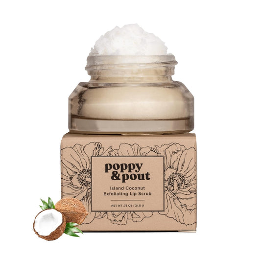 Poppy & Pout Natural Lip Scrub, Moisturizing Sugar Scrub for Dry Lips, Lip Scrubber Exfoliator with Essential Oils Smooths and Hydrates Lips, In Recyclable Glass Jars, Cruelty Free - Island Coconut