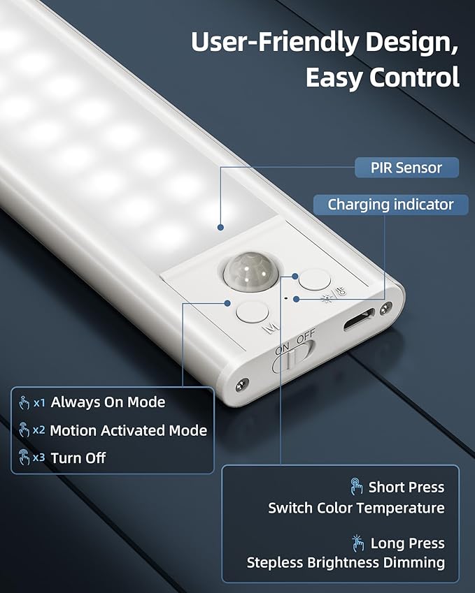17" Under Cabinet Lights, Motion Sensor Light, Wireless Closet Lights, 3 Color Temps, 4000mAh Rechargeable, Magnetic, Dimmable, 128 LEDs Super Bright Under Counter Lights for Kitchen (2 Pack)