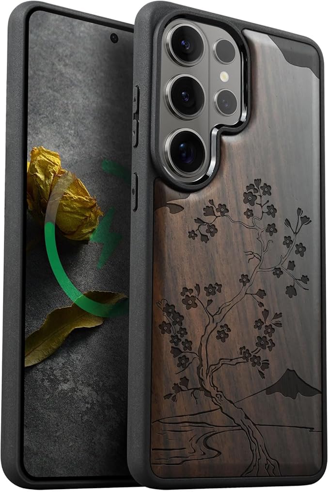 Carveit Magnetic Wooden Case for Samsung Galaxy S26 Ultra Case 2026, TPU Shockproof Cover & Wood Artisan Engraved, Compatible with MagSafe Wireless Chargers (Cherry Blossom with Mount Fuji) Blackwood