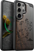 Carveit Magnetic Wooden Case for Samsung Galaxy S26 Ultra Case 2026, TPU Shockproof Cover & Wood Artisan Engraved, Compatible with MagSafe Wireless Chargers (Cherry Blossom with Mount Fuji) Blackwood