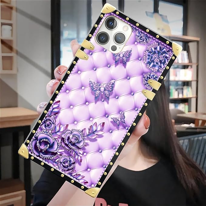 Compatible with iPhone 12 Pro Max Case, Purple Butterfly Flowers Leaf Luxury Golden Decoration for Girl Women Soft TPU Shockproof Protective Hard PC Back for iPhone 12 Pro Max