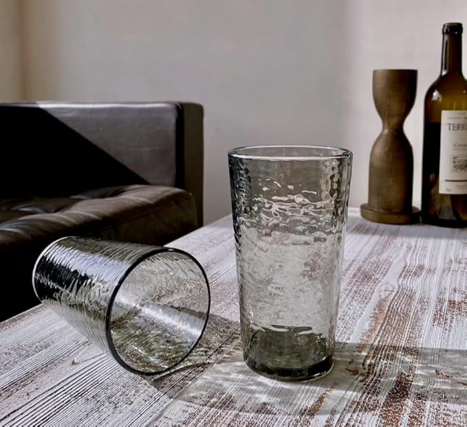 KLIFA- NICE- 29 ounce, Set of 6, Plastic Jumbo Drinking Glasses, Large Acrylic Iced Tea Cups, BPA-Free, Stackable Plastic Drinkware, Dishwasher Safe Highball, Gray/Black