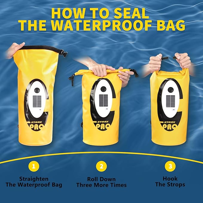 FELICON Solar/Battery Powered Multi-Functional Backpack with Bluetooth Speaker,IP66 Waterproof Dry Bag,Heavy Duty Roll Top Closure,Large Capacity Bag for Camping,Hiking,Traveling (Yellow 20L)