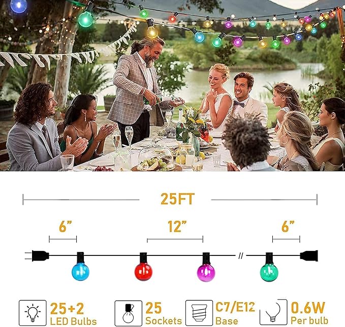 Afirst Colored Outdoor String Lights 25FT with 27 LED Bulbs Waterproof Multicolor Patio Lights for Christmas Party