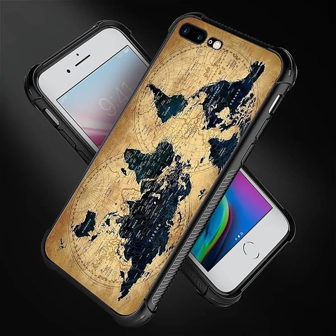 for iPhone 7/8 Case, Brown World Map Pattern Made of Soft Silicone Hard Acrylic Shock Protection for iPhone 7/8