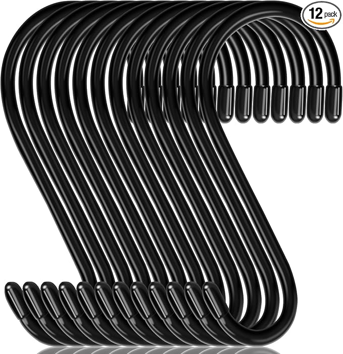 DINGEE 12 Pack 6 Inch Large S Hooks, Heavy Duty Vinyl Coated Non-Slip Metal Black Hooks for Hanging, Closet Kitchen Bathroom Garden Hooks for Pots Pans Clothes Plants Jeans Towels