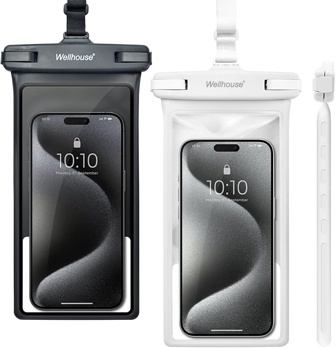 wellhouse Waterproof Phone Pouch, Waterproof Phone Case for iPhone 17 16 15 14 13 Pro Max XS Samsung, IPX8 3D Cellphone Dry Bag Beach Essentials (2 Pack - Black & White8.0, 8 inch)