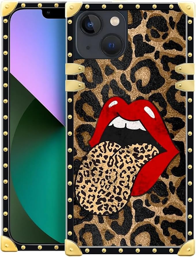Compatible with iPhone 13 Case, Brown Leopard Print Mouth Luxury Golden Decoration for Girl Women Soft TPU Shockproof Protective Hard PC Back for iPhone 13