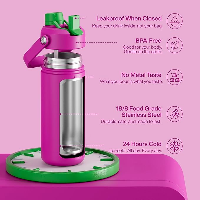 ENCOOL Insulated Water Bottle with Straw Stainless Steel Water Bottle, Leak-Proof, BPA-Free, Double Wall Vacuum Keeps Cold for 24 Hours for Sports, Travel, School (18 oz, Knockout Pink)