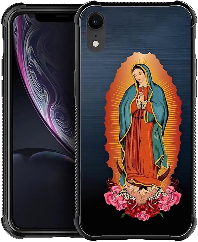 for iPhone XR Case, Red Virgen Guadalupe Pattern Graphic Design Girl Boy Soft Silicone Hard Acrylic Shock Protection for iPhone XR