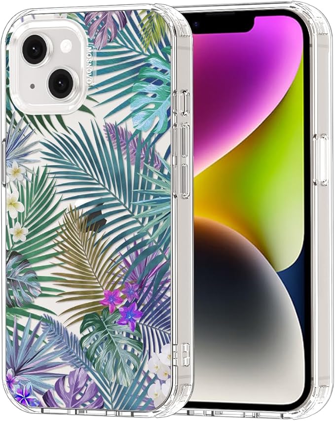MOSNOVO for iPhone 13/14 Case | Military Grade 6.6ft Drop Tested | Clear with Tropical Rainforests Design