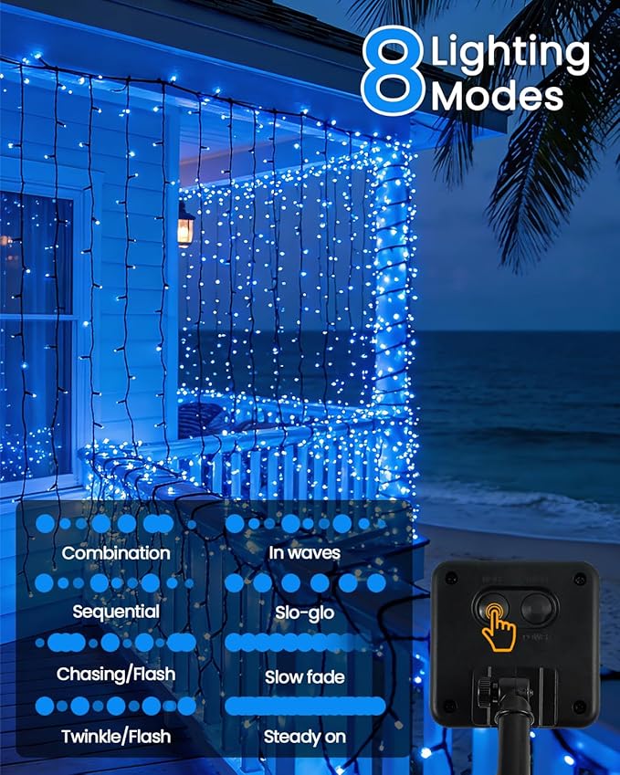 OZS 2PK 240LED Solar String Lights Outdoor Waterproof | Solar Christmas Lights Outdoor with 8 Lighting Modes, Solar Lights Outdoor String for Outside, Xmas Party Garden Tree Decorations (Blue)