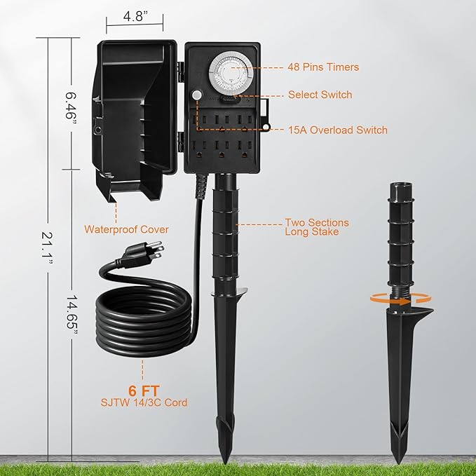 SURAIELEC Outdoor Power Stake, 24-Hour Mechanical Light Timer, Electrical Power Strip Weatherproof, 6FT Extension Cord Multiple Outlets Plug for Patio Lights, Halloween Decorations. Outdoor Light
