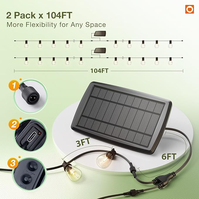 addlon 204FT(2 Pack*102FT) Solar String Lights Waterproof, Patio Lights Solar Powered with Remote & USB Port, 3 Lighting Modes 60+4 LED Shatterproof Bulbs Outdoor Light for Camping Backyard Garden