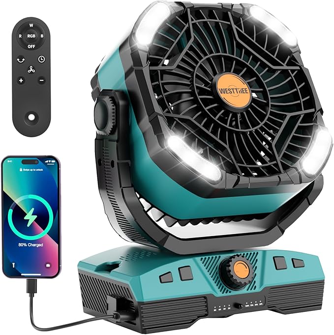 WESTTREE Camping Fan Portable 20000mAh Oscillating Battery Powered Fan Rechargeable Camping essentials Tent Light Hook 270° Pivot Battery Operated USB Desk X68 Cyan