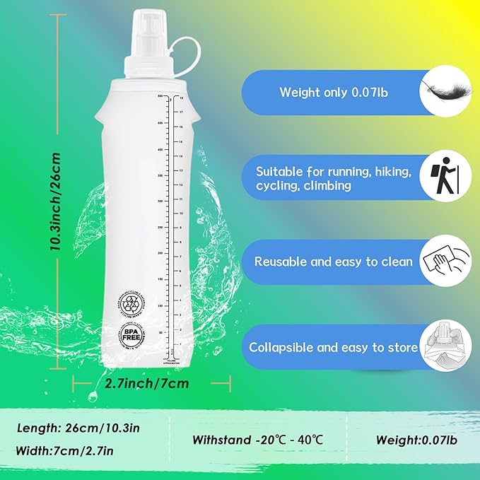 Flexible Running Bottles - Two Pack: 500ml/17oz, Foldable, BPA/PVC Free Soft Flask for Hydration Vests and Running Packs, Collapsible Leak-proof Pocket Bottle for Jogging, Hiking, Cycling, Climbing