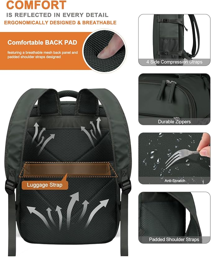 Capolo Travel Backpack for Women Men Waterproof Laptop Backpack Airlines Approved Carry On Backpack Bag Computer Bookbag for Business, Work, Traveling Fits 15.6 Inch Laptop(Green)