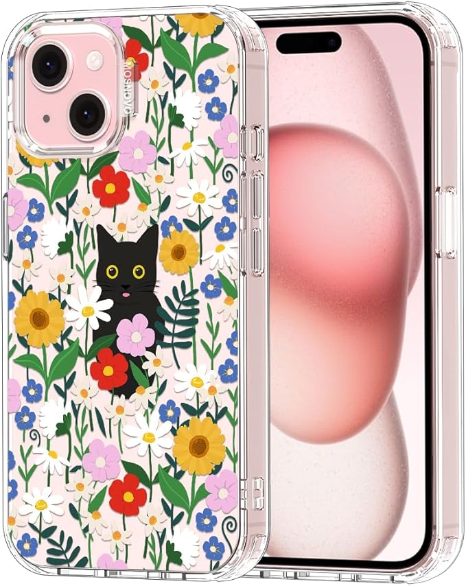 MOSNOVO Case for iPhone 15 Plus/iPhone 14 Plus, [Buffertech 6.6ft Military-Grade Drop Protection] [Anti Peel Off Tech] Clear TPU Bumper Phone Case Cover Design - Black Cat in Garden
