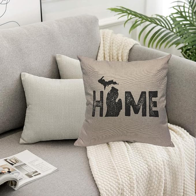 TKS MITLAN Michigan Home State Pillow Covers 18 x 18 Inch Map Home America Artistic Font Contour Border Geography Rustic Linen Throw Pillow Covers 18x18 Inch for Sofa Couch Decoration