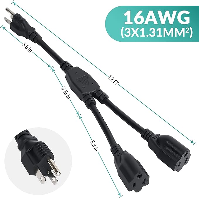 Elecan 3-Prong Y Splitter Power Extension Cord 1 FT/2 Pack, Straight Plug 1 to 2 Way Outlet Space Saver, Heavy Duty Weatherproof SJTW, 16AWG 13A, 5-15P Cable Extender for Indoor Outdoor-UL