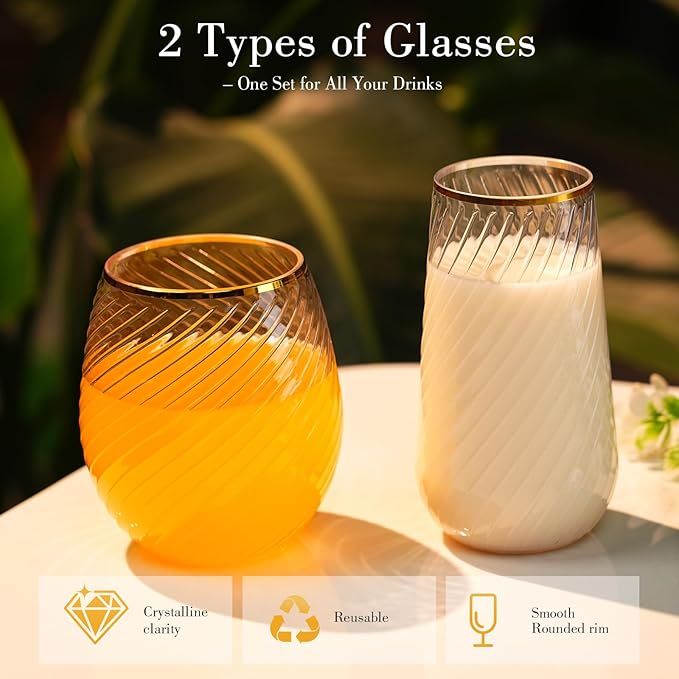 48 Pack Plastic Wine Glasses – 24 x 9oz Stemless Champagne Flutes & 24 x 12oz Disposable Wine Glasses – Plastic Cups with Gold Rim – BPA-Free Drinkware for Weddings, Parties (Gold Rim Hammered)