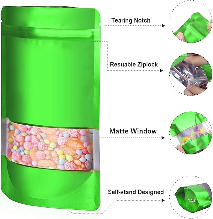 7.1"x10.2" 1 Quart 120pcs Mylar Bags for Food Storage,Smell Proof Bag with Matte Window Resealable Food Storage Bags for Small Business, Stand-up Foil Pouch Packaging Freeze Dried Candy Bag（Green）