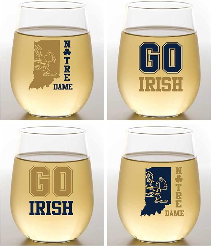 Set of 4 Shatterproof Designer 16 oz Plastic Wine Glasses MADE in the USA (NOTRE DAME-INSPIRED)