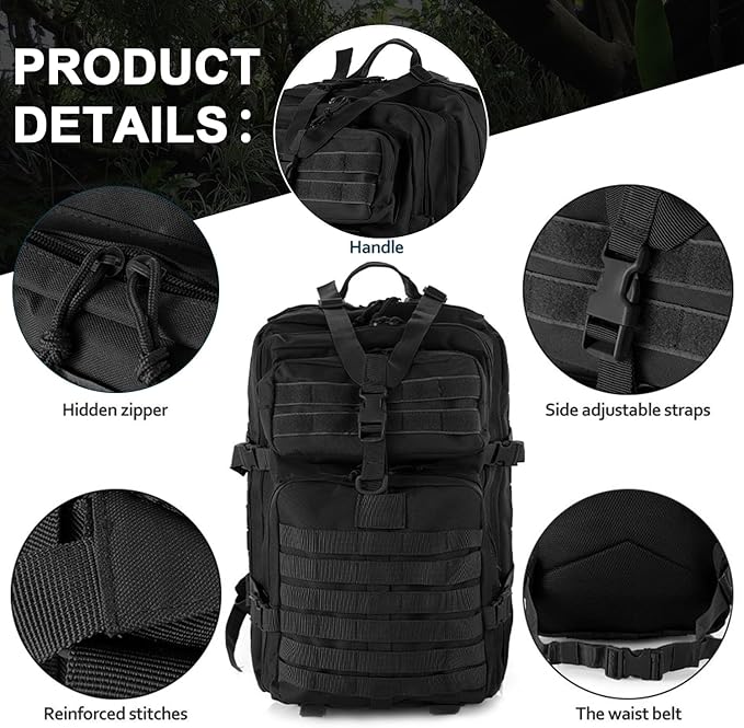aiGear Tactical Backpack for Men, 45L Military Backpack, 3-Day Bug Out Bag for Camping Hiking Hunting with Molle System Army Daypack (45L Black)