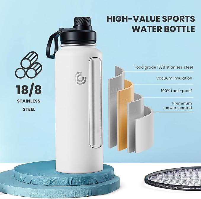 Sports Water Bottle 40oz, Insulated Water Bottle with Handle,Stainless Steel,Simple Modern,Suitable for Travel, School, Boy, Girl(White)
