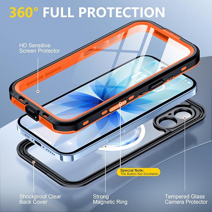 Red2Fire for iPhone 17 Case Waterproof, [Built-in Screen Protector & Camera Protector][Compatible with MagSafe][Full Body Shockproof][IP68 Waterproof][Dustproof] Phone Case 6.3" Orange/Clear