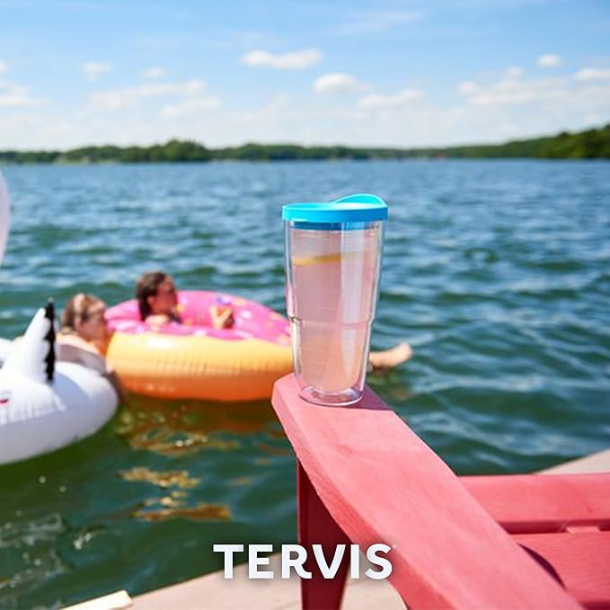 Tervis Clear & Colorful Lidded Made in USA Double Walled Insulated Tumbler Travel Cup Keeps Drinks Cold & Hot, 24oz, Fuchsia Lid