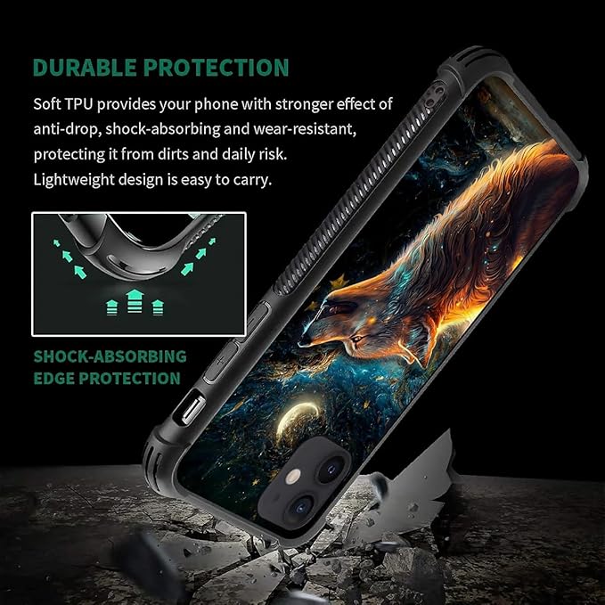 for iPhone 12 Mini Case, Star Cave Hungry Wolf Pattern Graphic Design Girl Boy Soft Silicone Hard Acrylic Shock Protection for iPhone 12 Mini