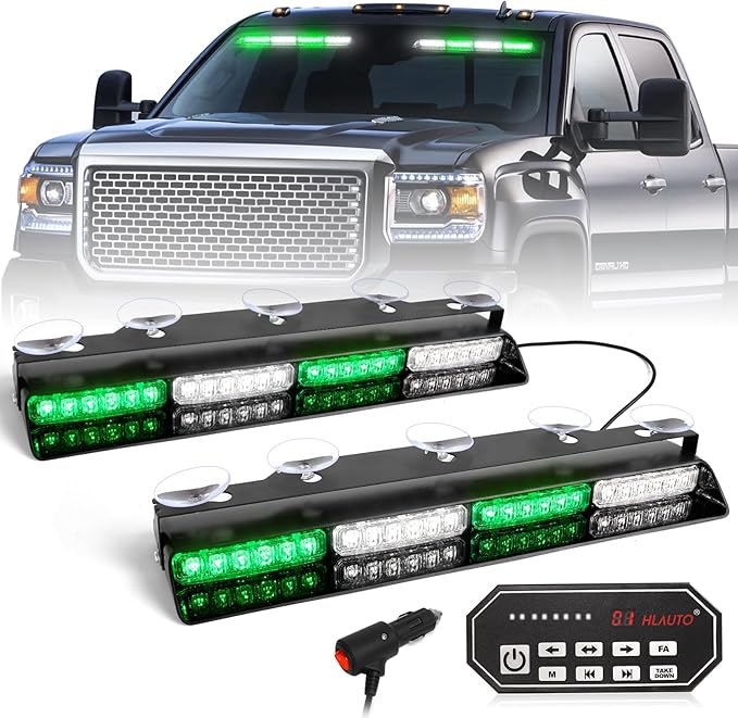 HLauto 604N Emergency Dash Strobe Lights: 2x16.8 inch Green White Security Light with/Take Down, 48 LED Safety Flashing Warning Hazard Interior Windshield Light Bar for Trucks Vehicles