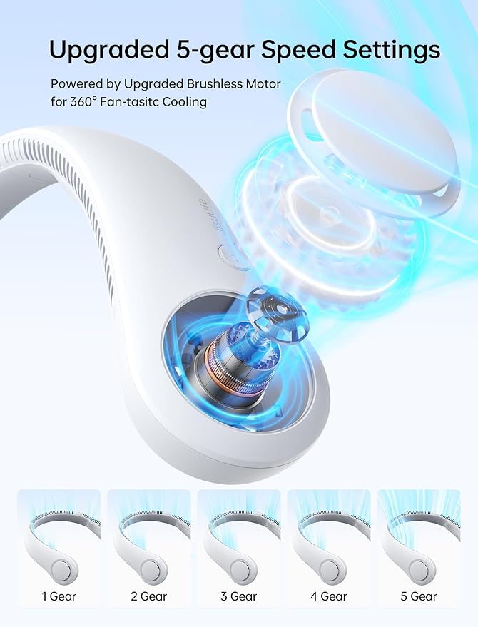 JISULIFE Portable Neck Fan, Hands-Free Bladeless, 5 Speeds, 4000 mAh Battery Operated Wearable Personal Fan, Twistable, Rechargeable, Gift for Women Men-Grey