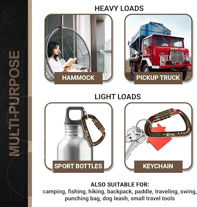 Rhino Produxs 12kN (2697 lbs) Heavy Duty Carabiner Clips, for Securing Pets, Outdoor, Camping, Hiking, Hammock, Dog Leash Harness, Keychains