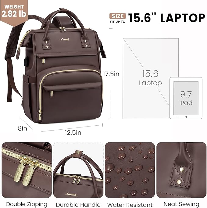 LOVEVOOK Leather Laptop Backpack for Women 17 inch, Travel Backpack Purse Nurse Teacher Computer Laptop Bag, Professional College Business Work Bags Carry On with USB Port, Coffee